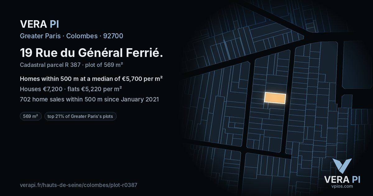 19 Rue du Général Ferrié, Colombes at night – the plot lit, the parcels around coloured by the prices near them