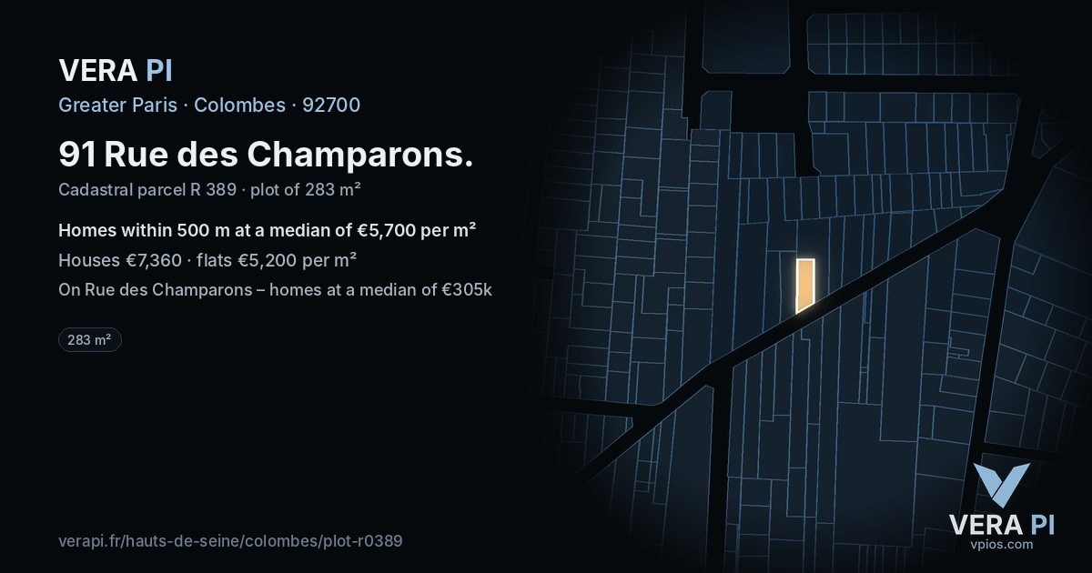 91 Rue des Champarons, Colombes at night – the plot lit, the parcels around coloured by the prices near them