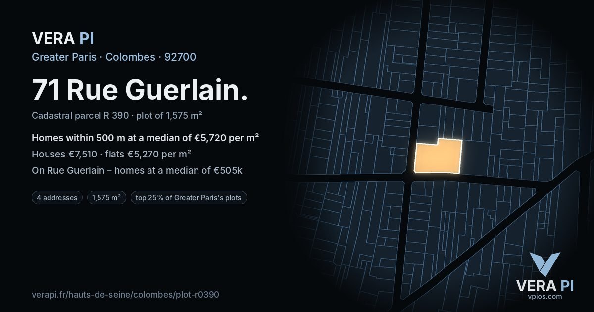 71 Rue Guerlain, Colombes at night – the plot lit, the parcels around coloured by the prices near them