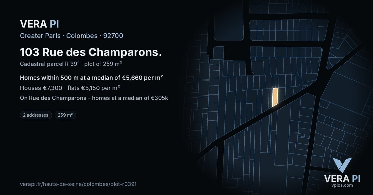 103 Rue des Champarons, Colombes at night – the plot lit, the parcels around coloured by the prices near them