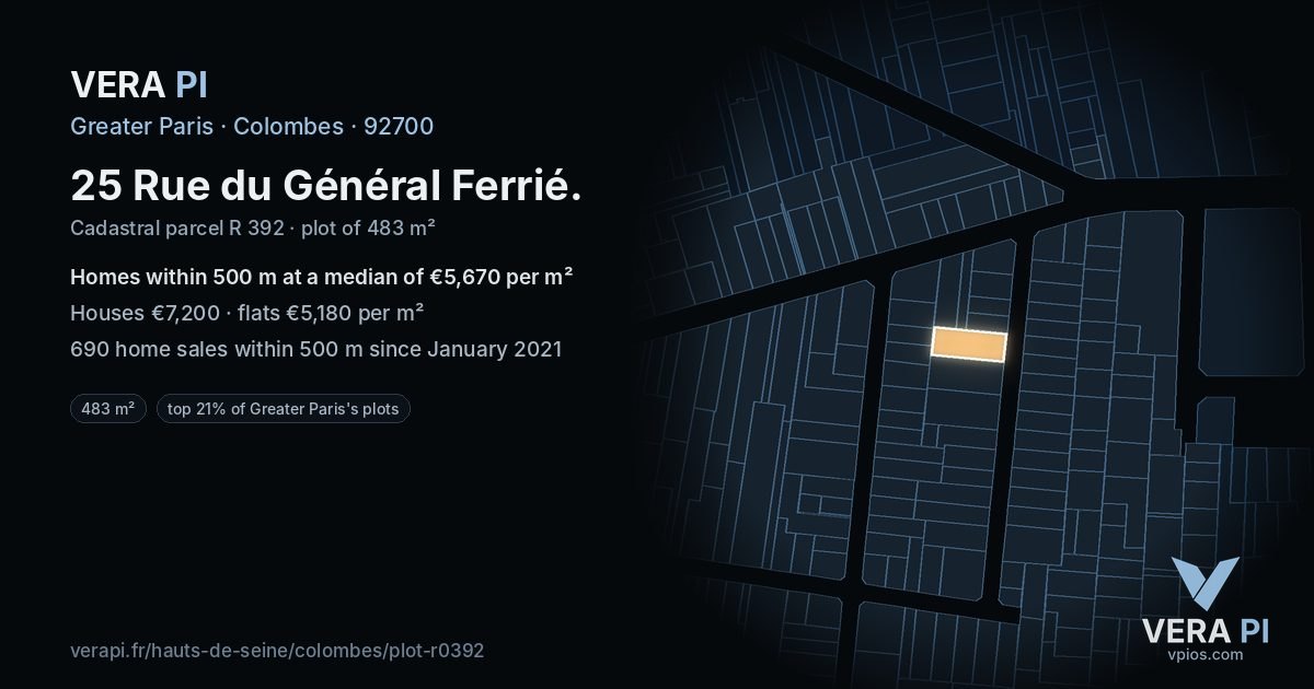 25 Rue du Général Ferrié, Colombes at night – the plot lit, the parcels around coloured by the prices near them