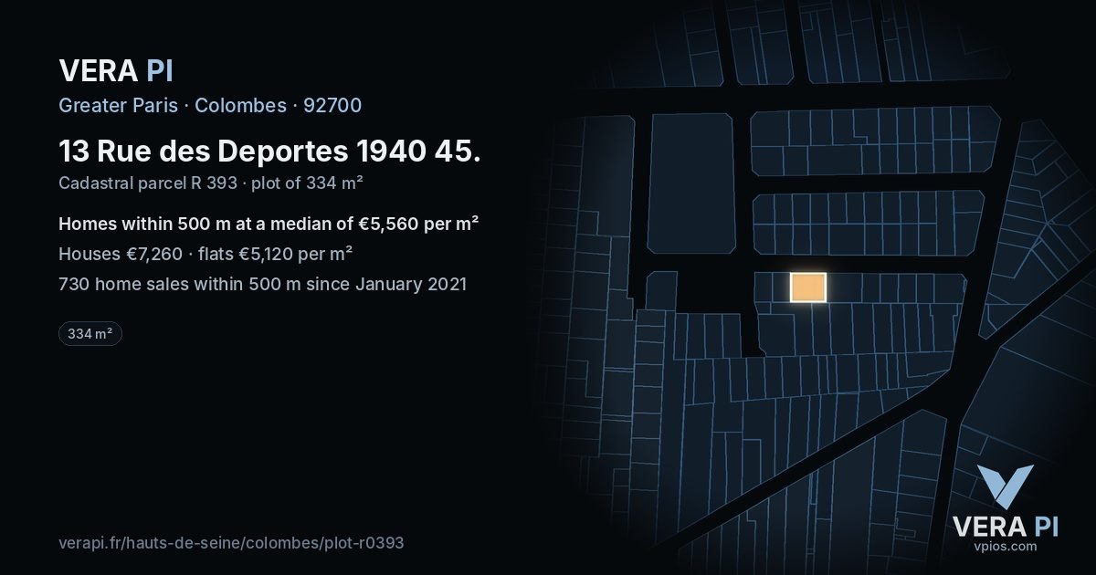 13 Rue des Deportes 1940 45, Colombes at night – the plot lit, the parcels around coloured by the prices near them