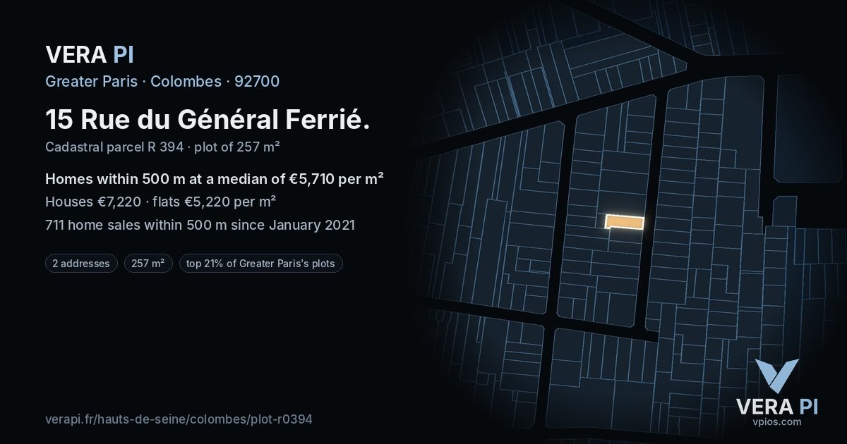 15 Rue du Général Ferrié, Colombes at night – the plot lit, the parcels around coloured by the prices near them