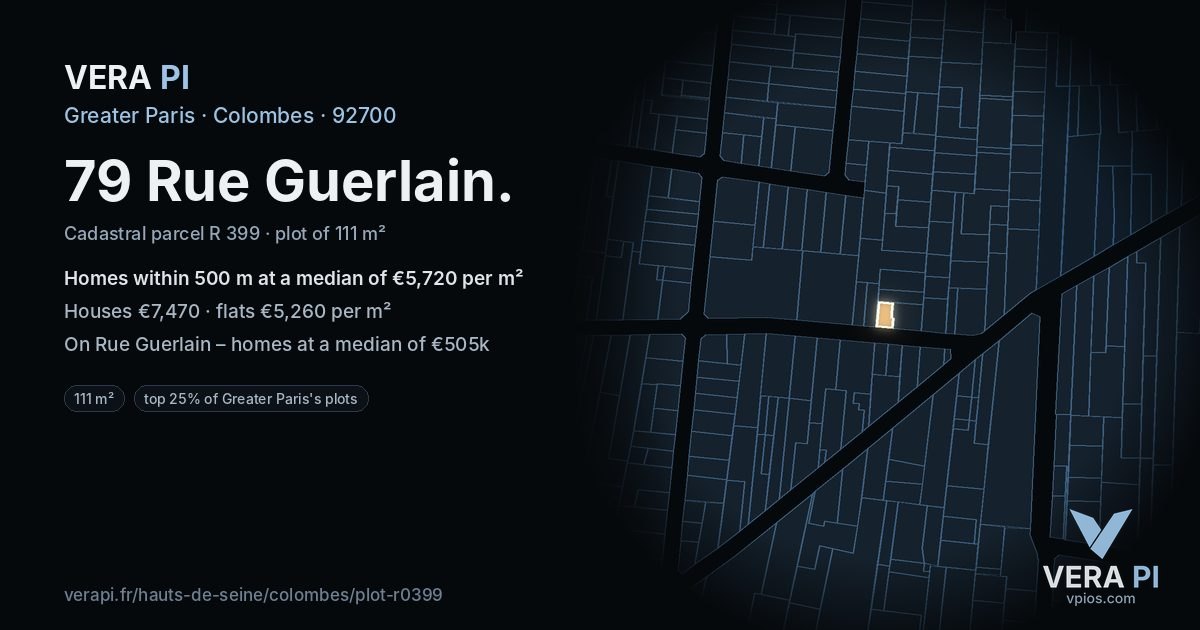 79 Rue Guerlain, Colombes at night – the plot lit, the parcels around coloured by the prices near them