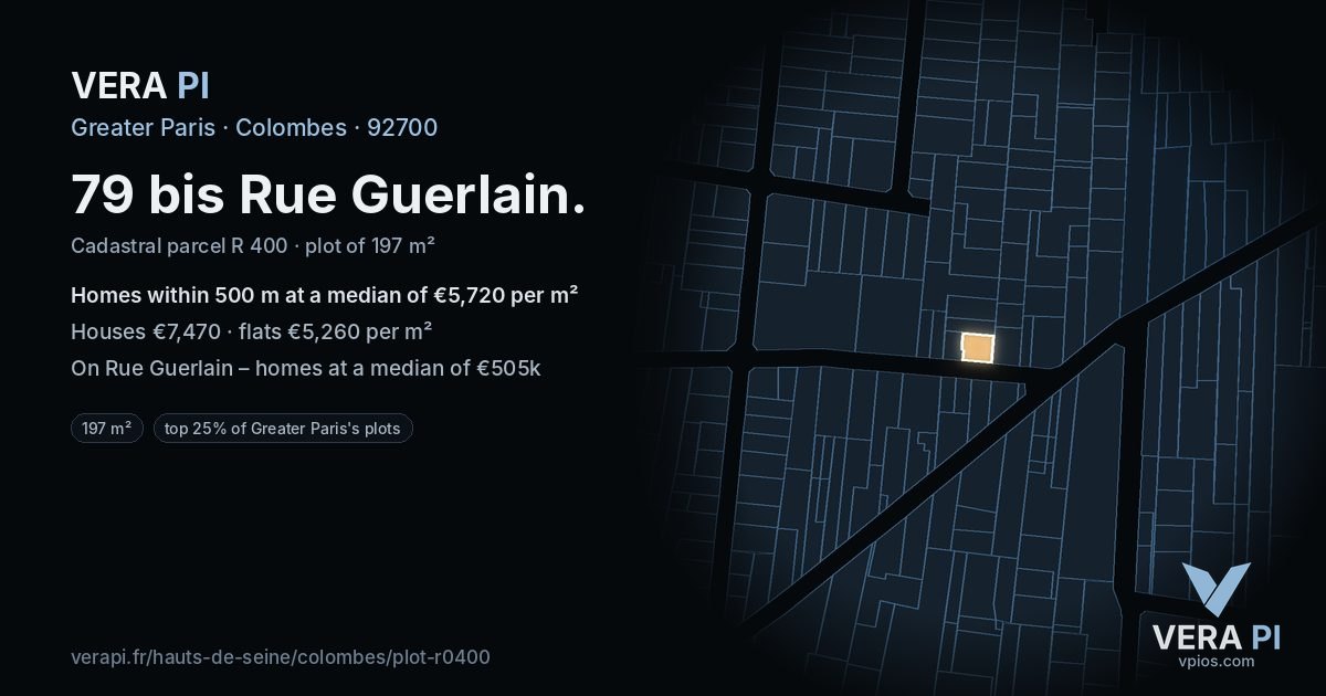79 bis Rue Guerlain, Colombes at night – the plot lit, the parcels around coloured by the prices near them