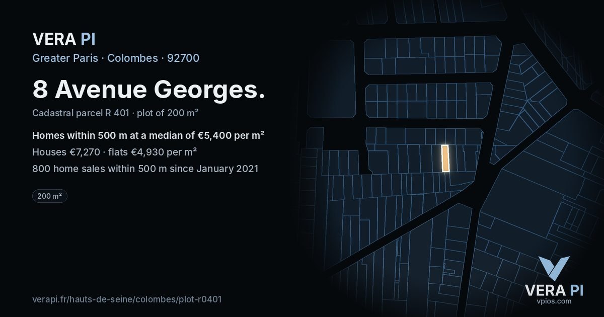 8 Avenue Georges, Colombes at night – the plot lit, the parcels around coloured by the prices near them