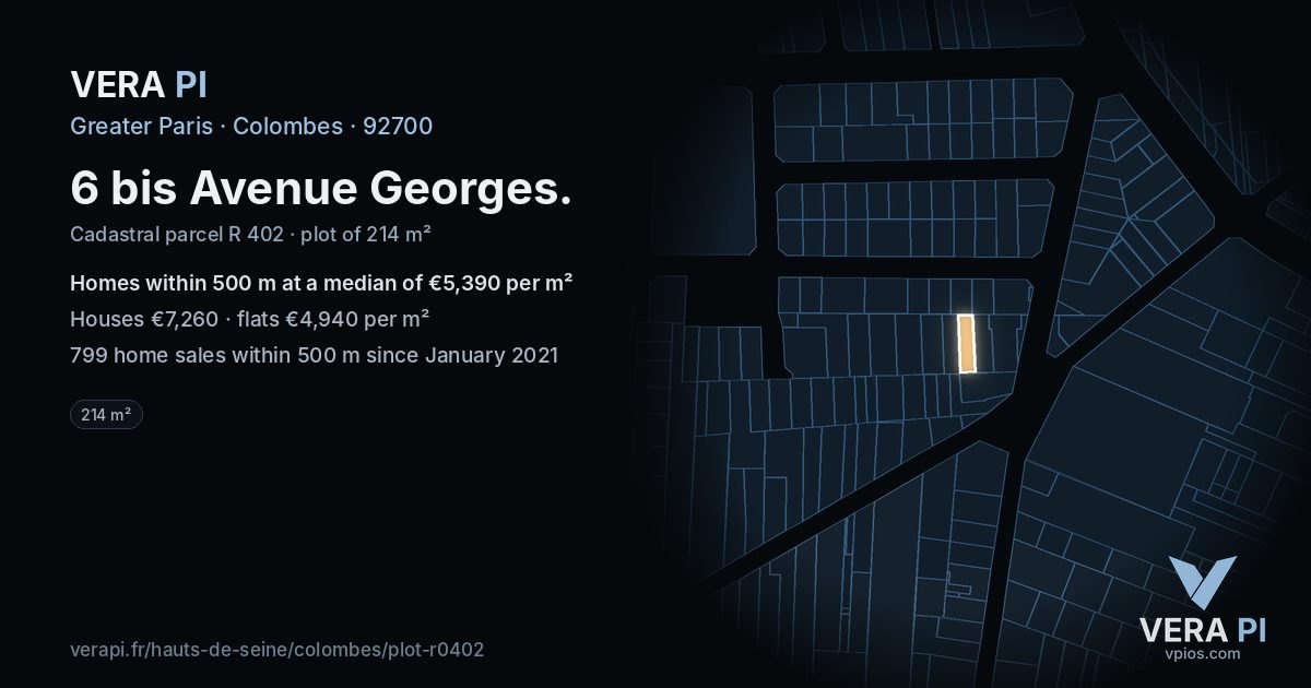 6 bis Avenue Georges, Colombes at night – the plot lit, the parcels around coloured by the prices near them