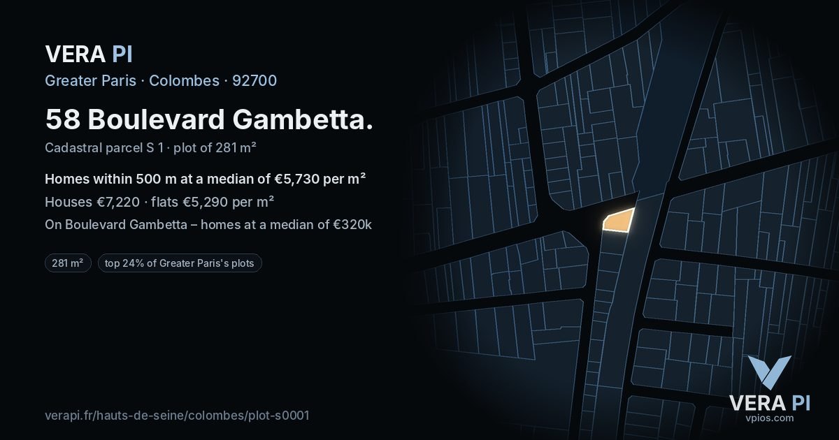 58 Boulevard Gambetta, Colombes at night – the plot lit, the parcels around coloured by the prices near them