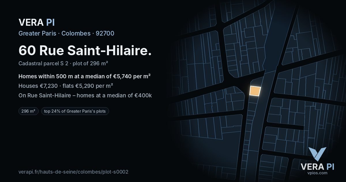 60 Rue Saint-Hilaire, Colombes at night – the plot lit, the parcels around coloured by the prices near them