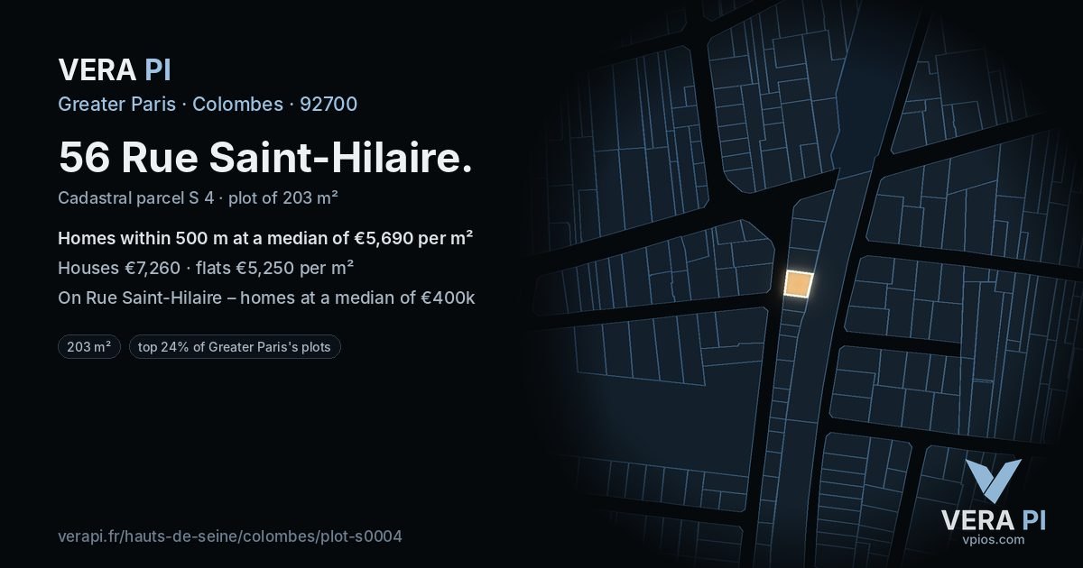 56 Rue Saint-Hilaire, Colombes at night – the plot lit, the parcels around coloured by the prices near them