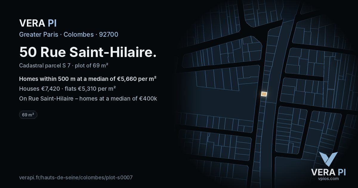 50 Rue Saint-Hilaire, Colombes at night – the plot lit, the parcels around coloured by the prices near them