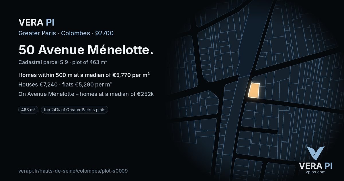 50 Avenue Ménelotte, Colombes at night – the plot lit, the parcels around coloured by the prices near them