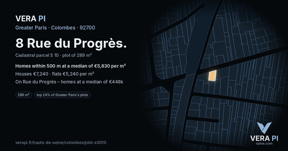 8 Rue du Progrès, Colombes at night – the plot lit, the parcels around coloured by the prices near them