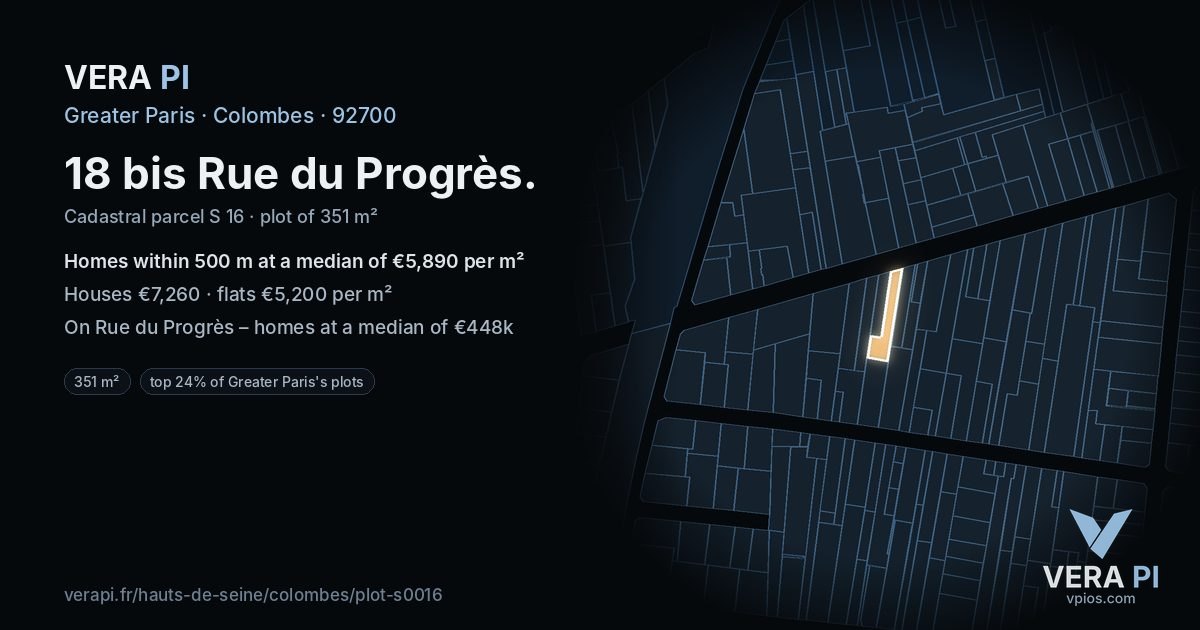 18 bis Rue du Progrès, Colombes at night – the plot lit, the parcels around coloured by the prices near them