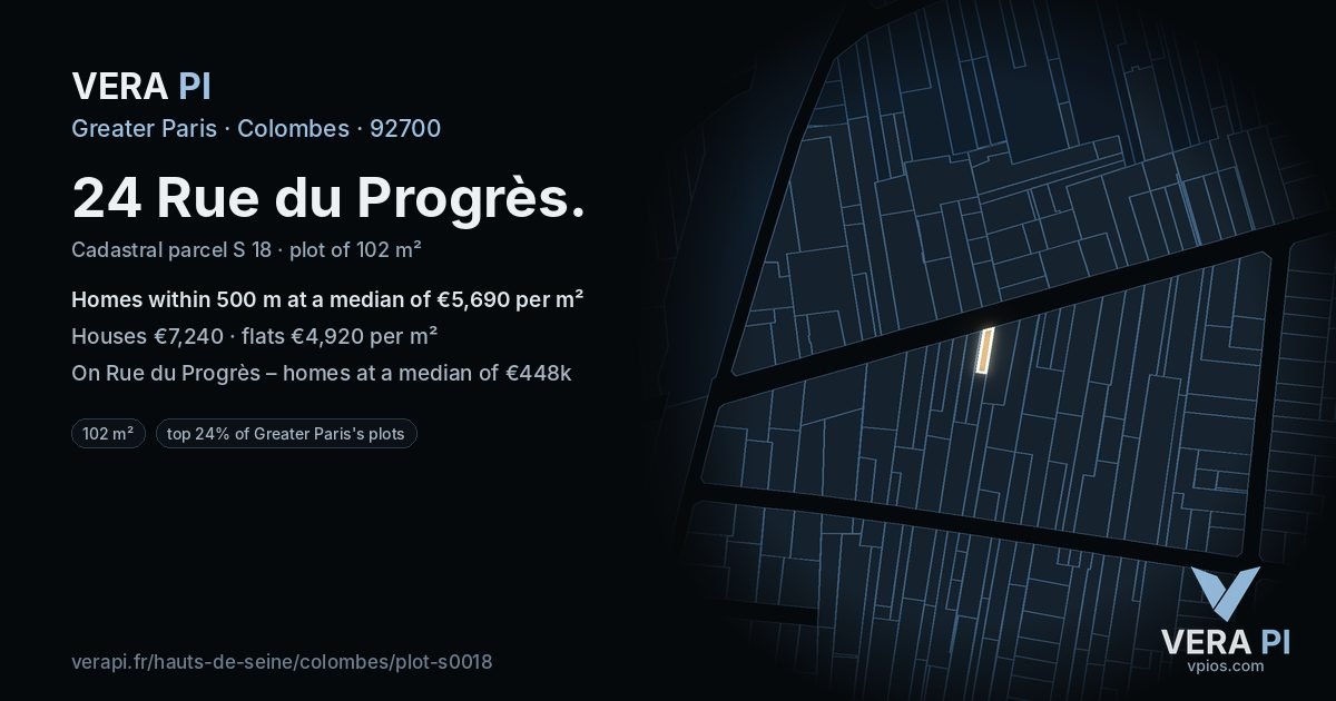 24 Rue du Progrès, Colombes at night – the plot lit, the parcels around coloured by the prices near them