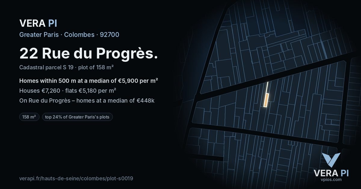 22 Rue du Progrès, Colombes at night – the plot lit, the parcels around coloured by the prices near them