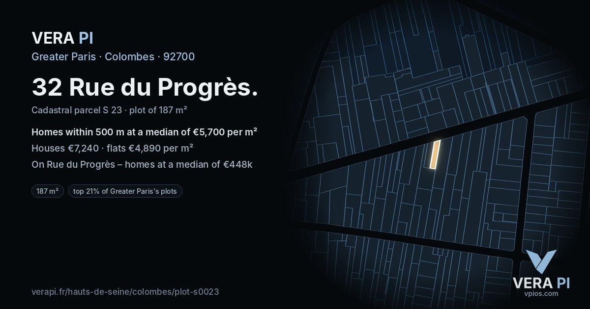 32 Rue du Progrès, Colombes at night – the plot lit, the parcels around coloured by the prices near them