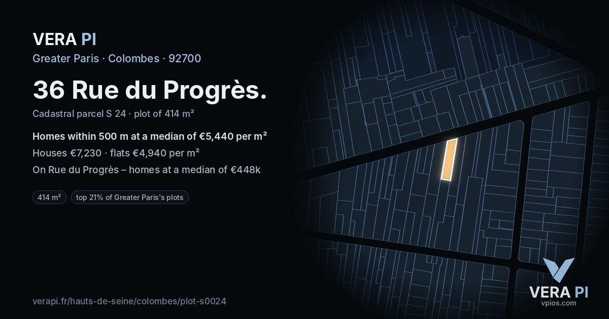 36 Rue du Progrès, Colombes at night – the plot lit, the parcels around coloured by the prices near them