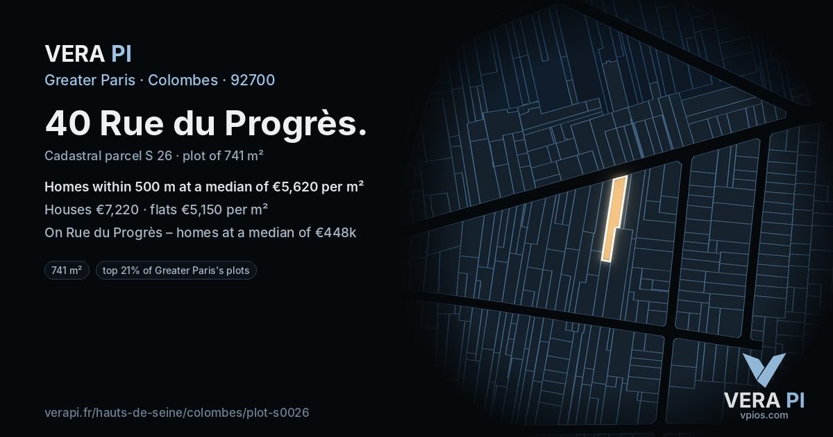 40 Rue du Progrès, Colombes at night – the plot lit, the parcels around coloured by the prices near them