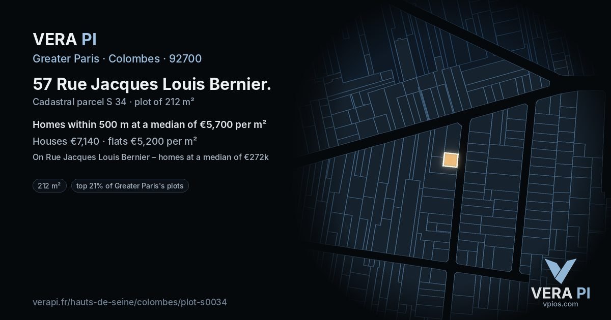57 Rue Jacques Louis Bernier, Colombes at night – the plot lit, the parcels around coloured by the prices near them