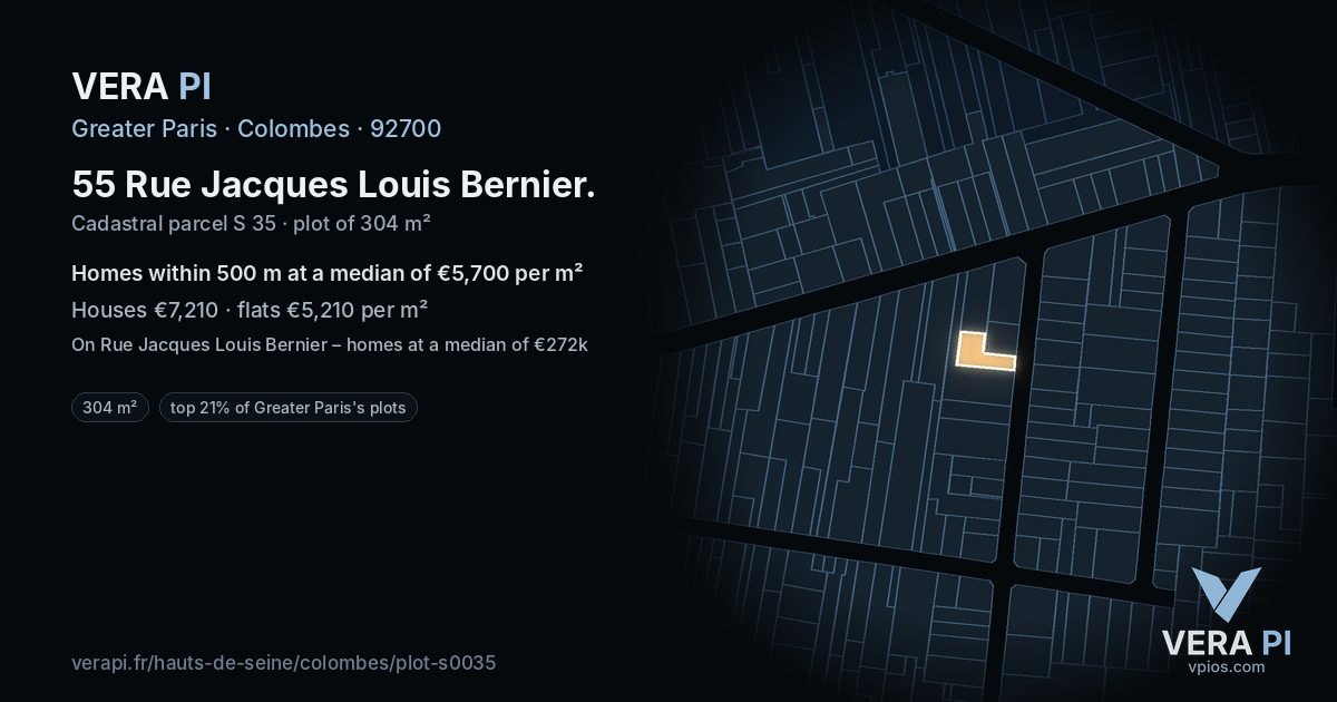 55 Rue Jacques Louis Bernier, Colombes at night – the plot lit, the parcels around coloured by the prices near them