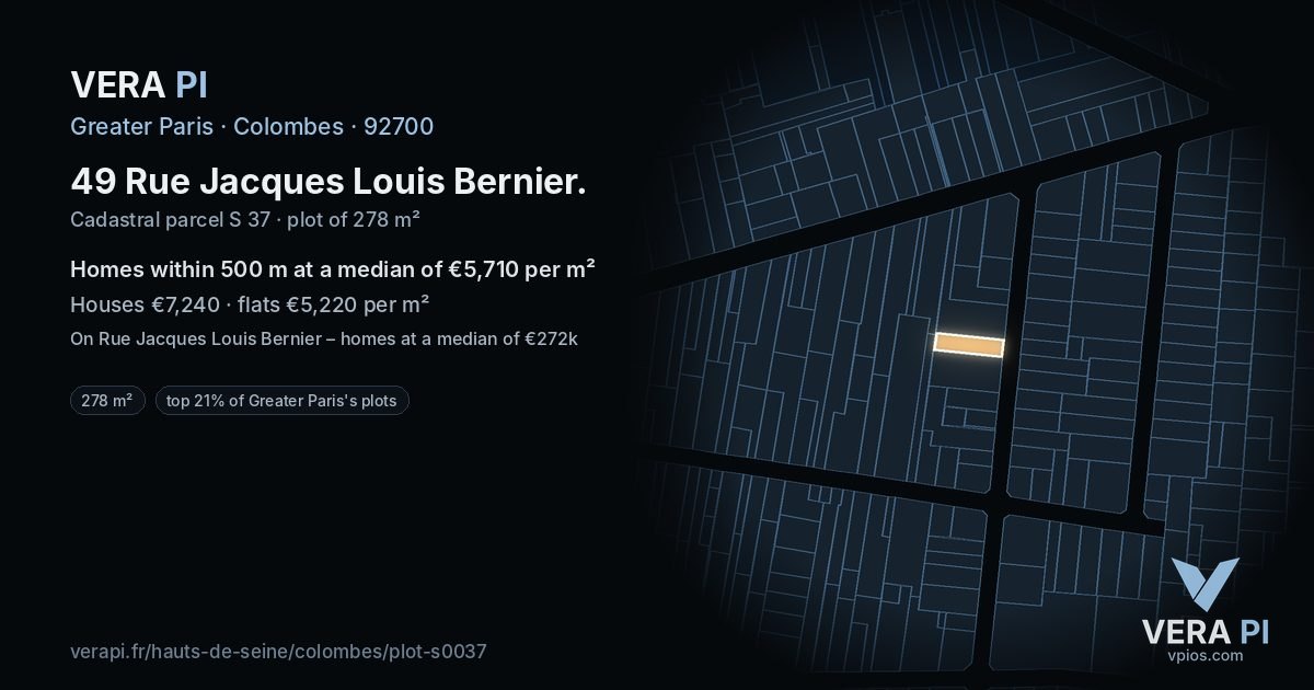 49 Rue Jacques Louis Bernier, Colombes at night – the plot lit, the parcels around coloured by the prices near them