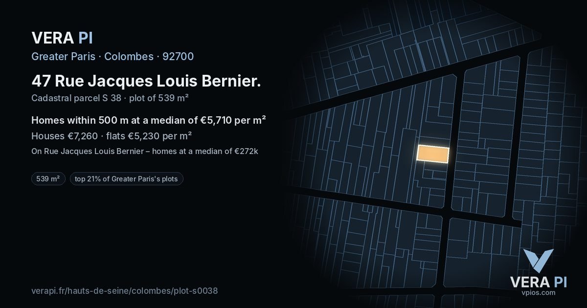 47 Rue Jacques Louis Bernier, Colombes at night – the plot lit, the parcels around coloured by the prices near them
