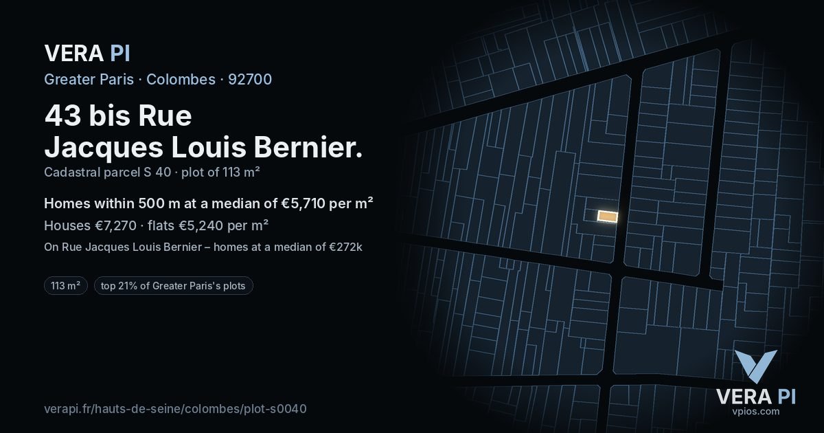 43 bis Rue Jacques Louis Bernier, Colombes at night – the plot lit, the parcels around coloured by the prices near them