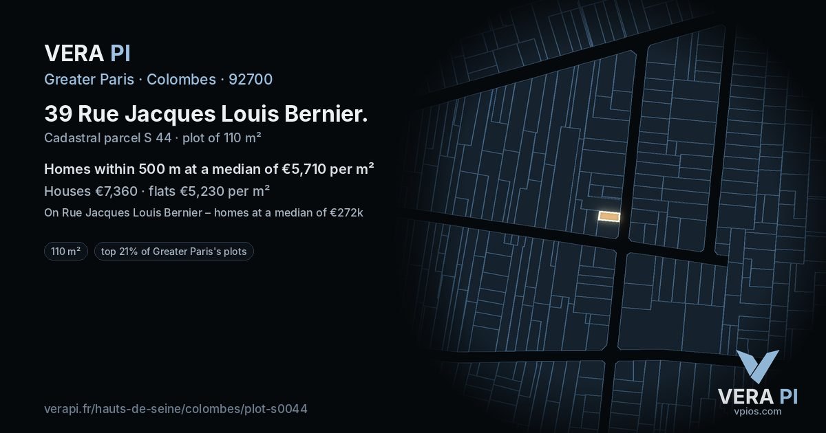 39 Rue Jacques Louis Bernier, Colombes at night – the plot lit, the parcels around coloured by the prices near them