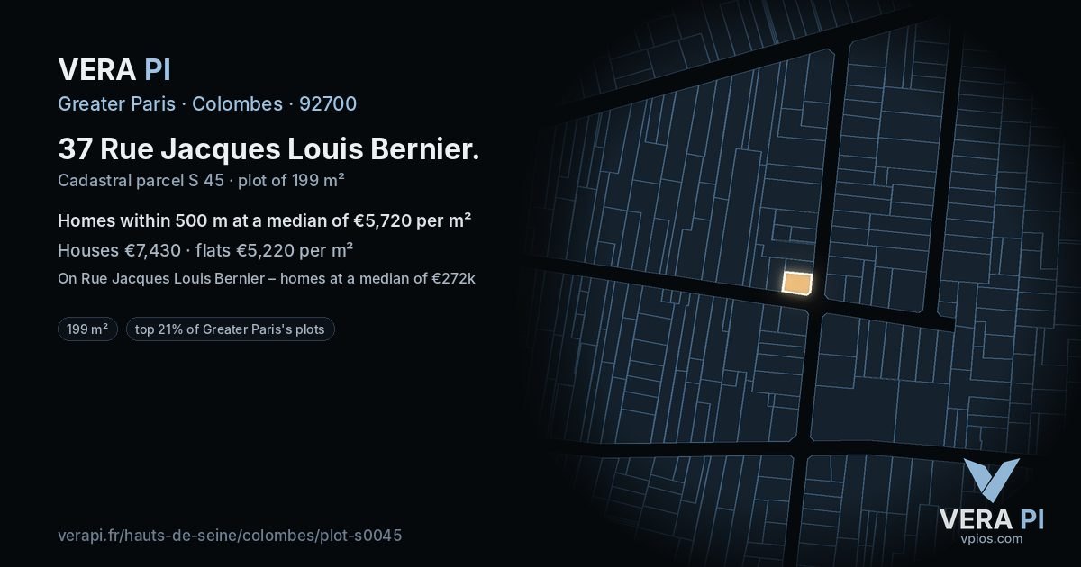 37 Rue Jacques Louis Bernier, Colombes at night – the plot lit, the parcels around coloured by the prices near them