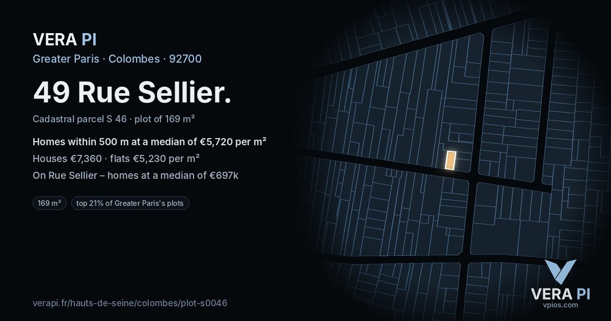 49 Rue Sellier, Colombes at night – the plot lit, the parcels around coloured by the prices near them