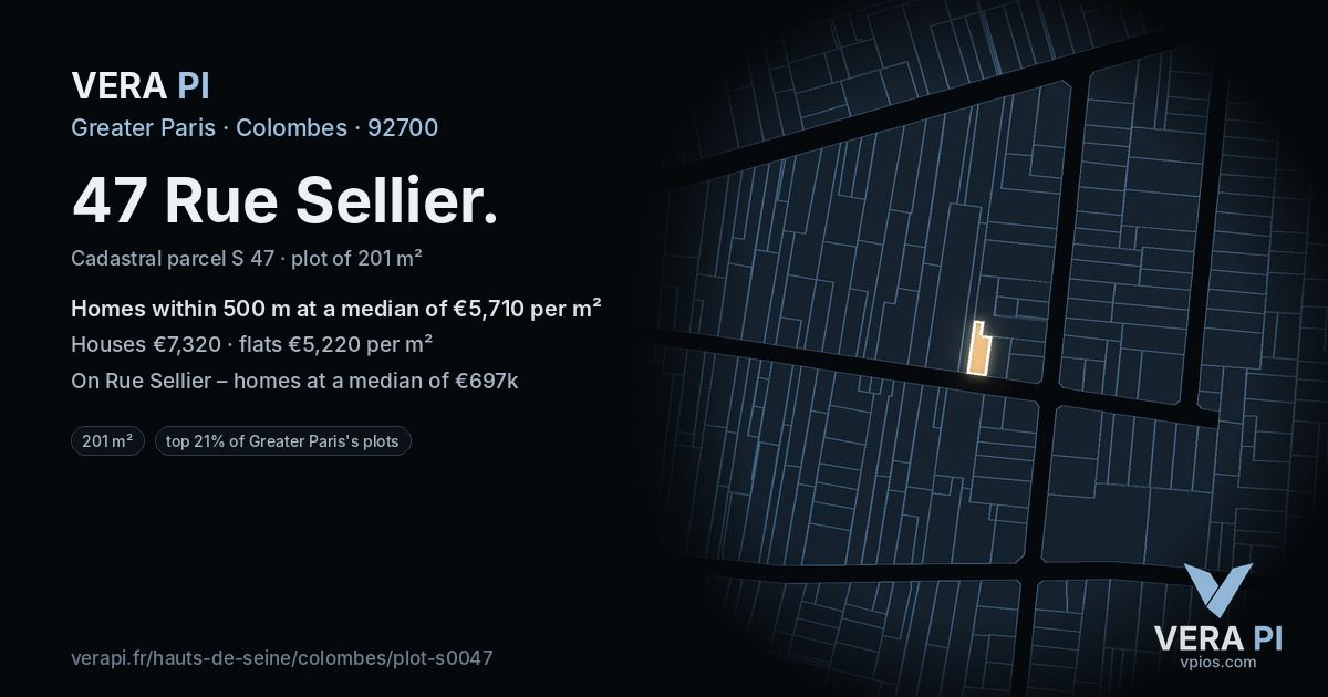 47 Rue Sellier, Colombes at night – the plot lit, the parcels around coloured by the prices near them