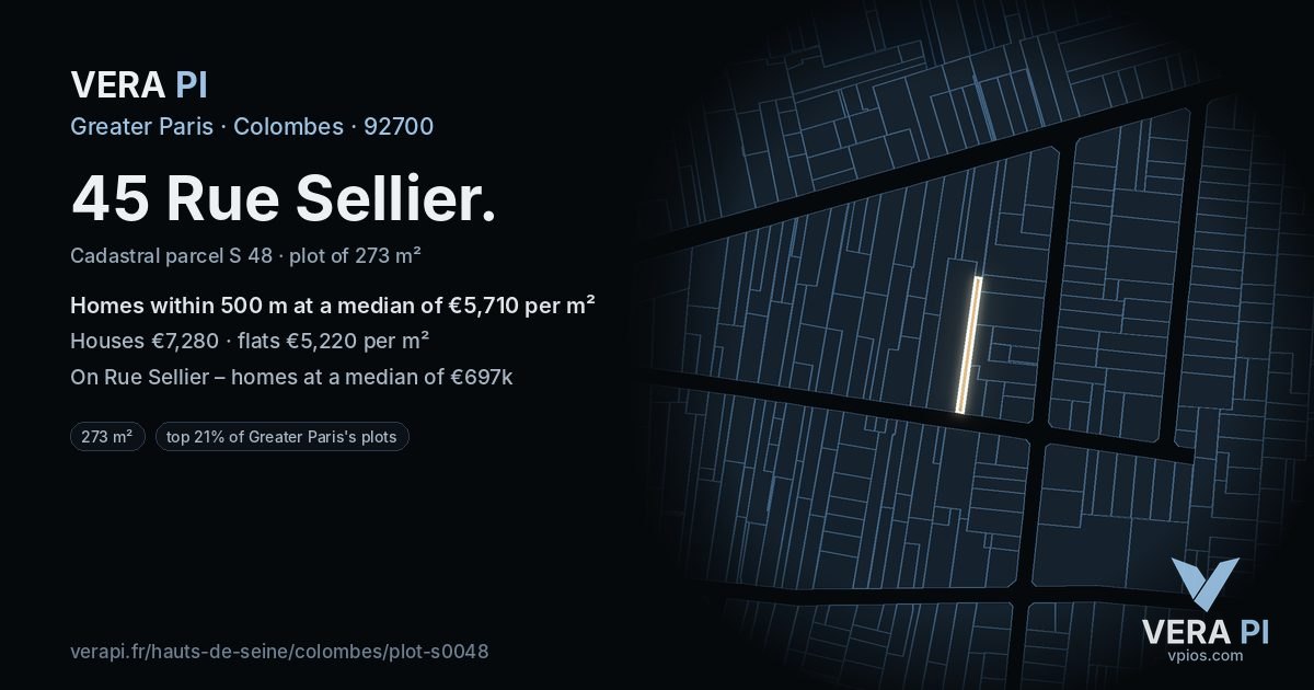 45 Rue Sellier, Colombes at night – the plot lit, the parcels around coloured by the prices near them