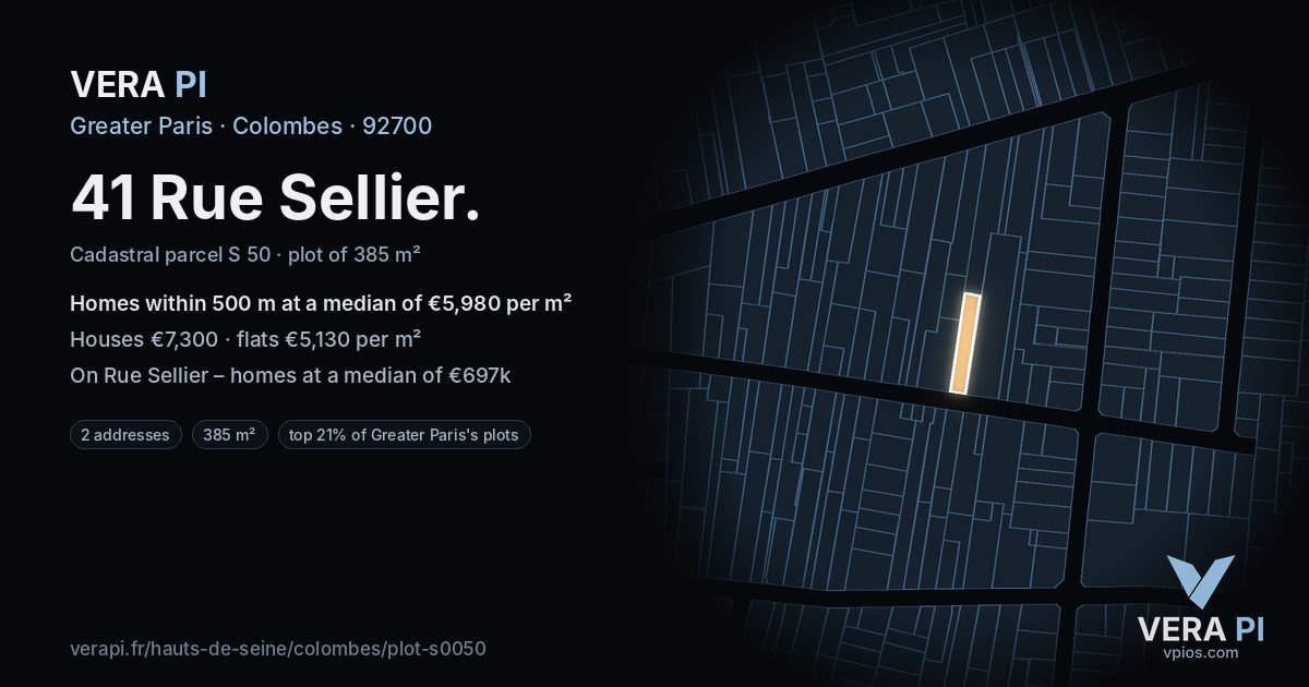 41 Rue Sellier, Colombes at night – the plot lit, the parcels around coloured by the prices near them