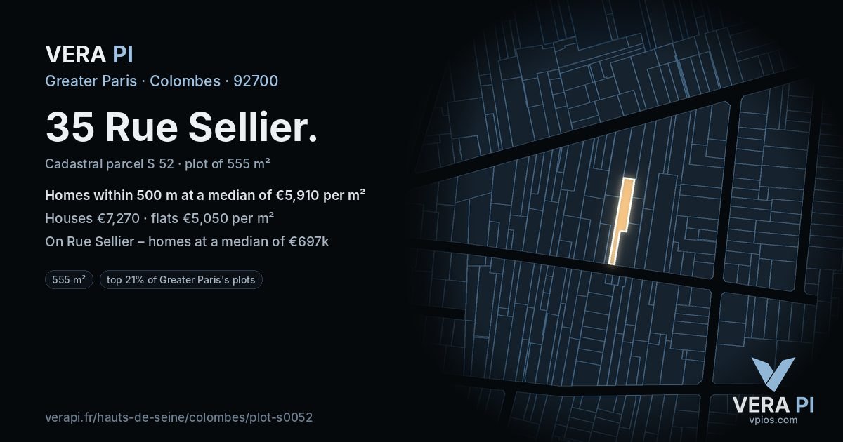 35 Rue Sellier, Colombes at night – the plot lit, the parcels around coloured by the prices near them