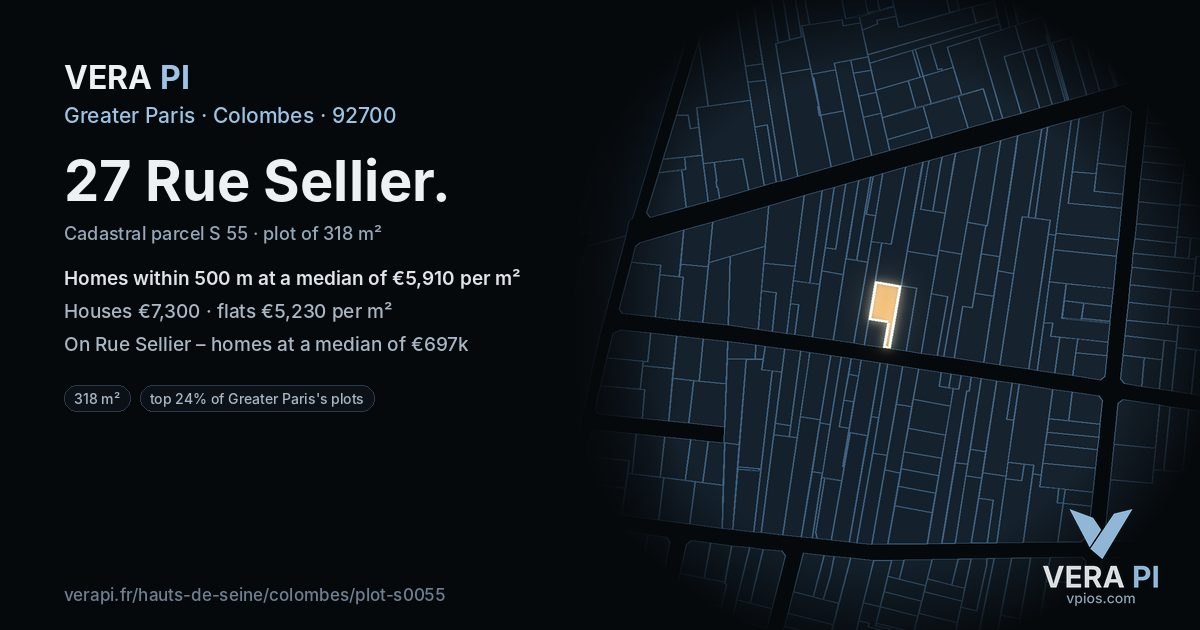 27 Rue Sellier, Colombes at night – the plot lit, the parcels around coloured by the prices near them