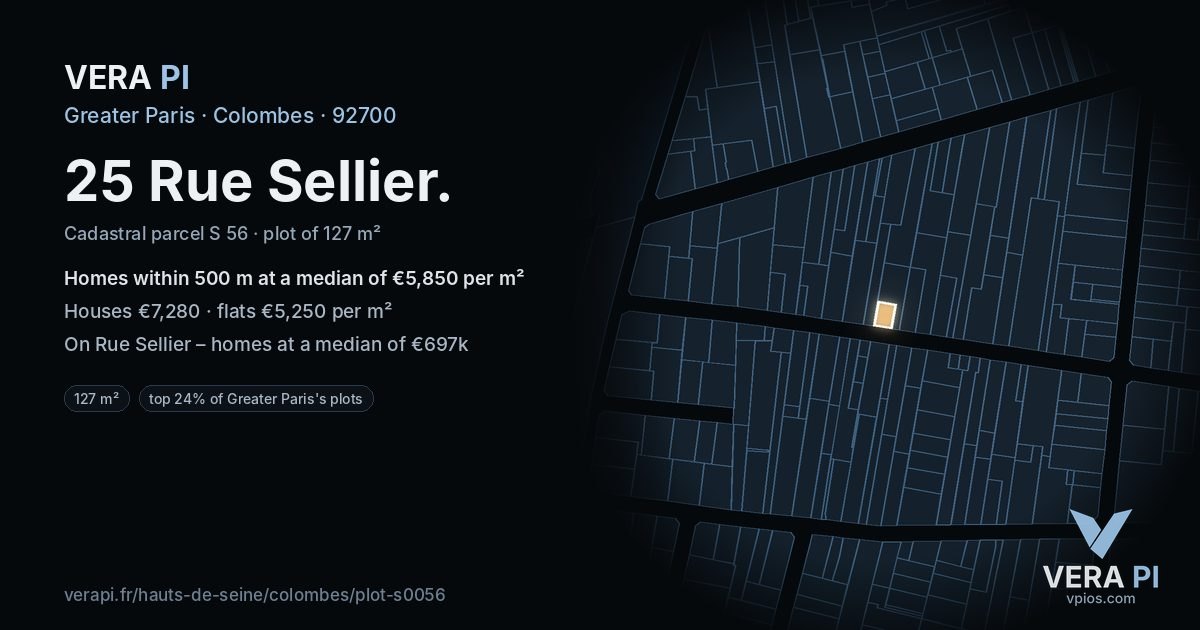 25 Rue Sellier, Colombes at night – the plot lit, the parcels around coloured by the prices near them