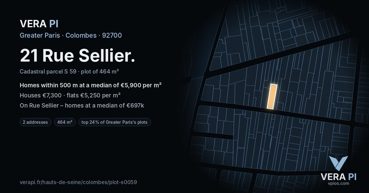 21 Rue Sellier, Colombes at night – the plot lit, the parcels around coloured by the prices near them