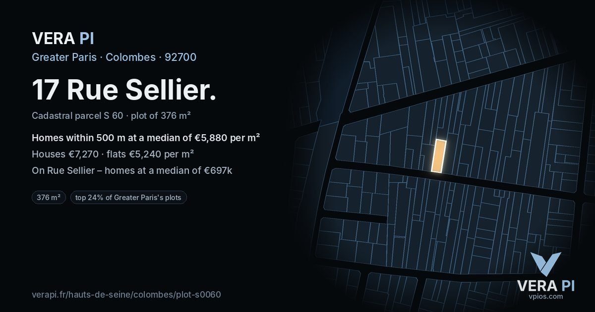 17 Rue Sellier, Colombes at night – the plot lit, the parcels around coloured by the prices near them