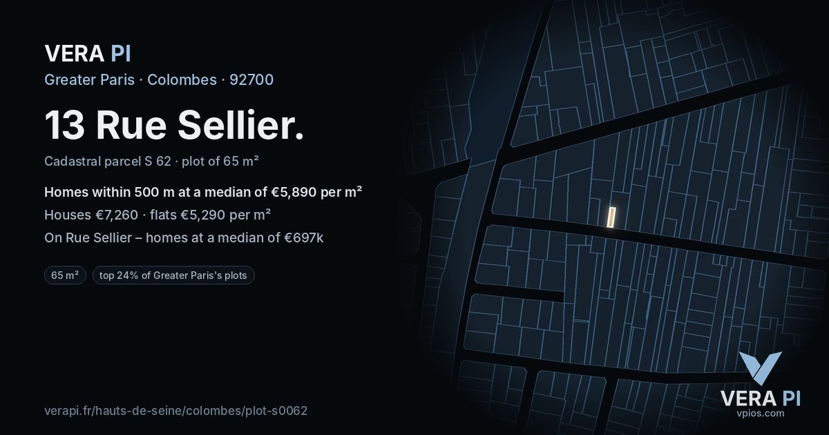 13 Rue Sellier, Colombes at night – the plot lit, the parcels around coloured by the prices near them