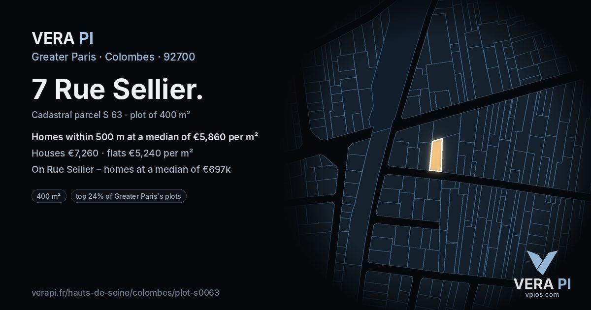 7 Rue Sellier, Colombes at night – the plot lit, the parcels around coloured by the prices near them