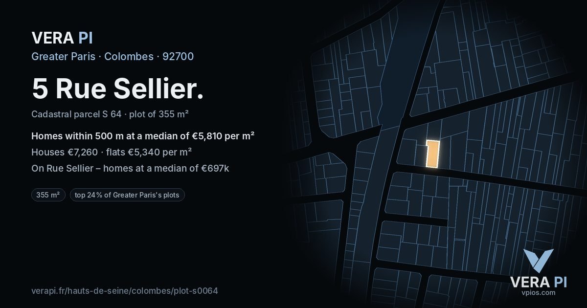 5 Rue Sellier, Colombes at night – the plot lit, the parcels around coloured by the prices near them