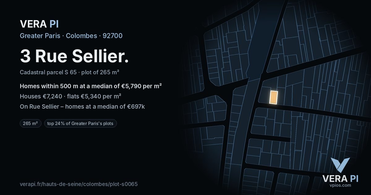 3 Rue Sellier, Colombes at night – the plot lit, the parcels around coloured by the prices near them