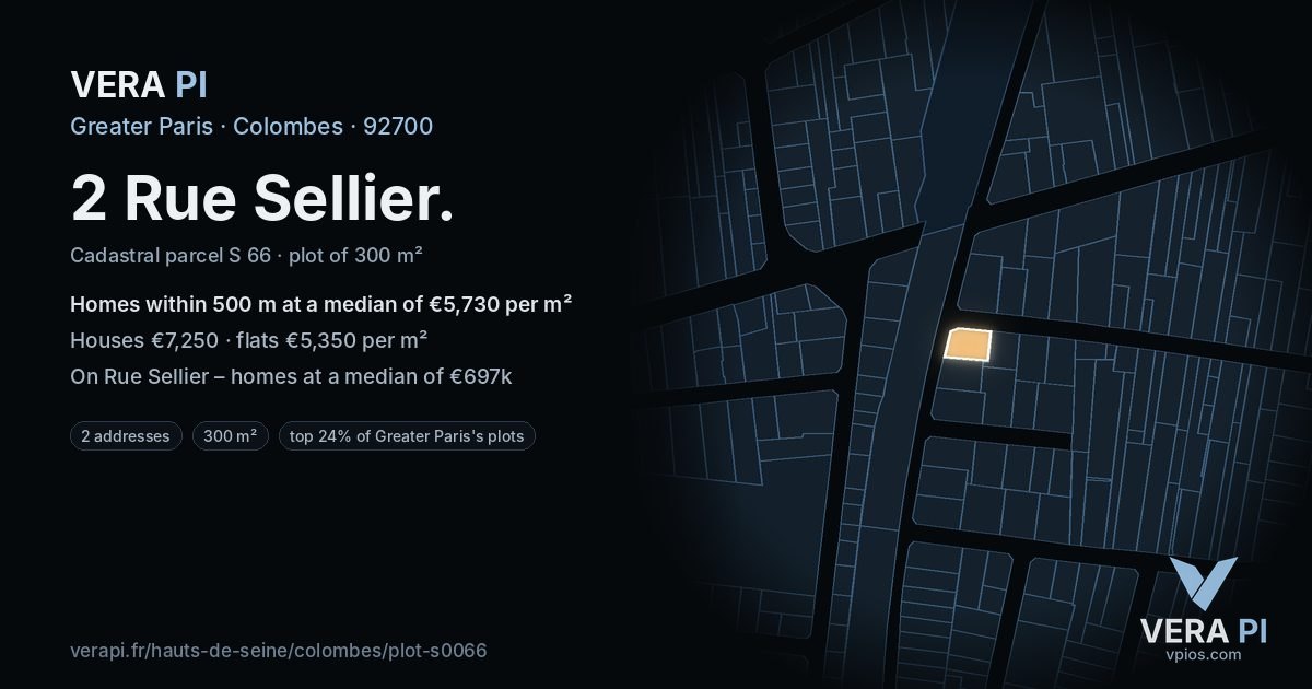 2 Rue Sellier, Colombes at night – the plot lit, the parcels around coloured by the prices near them