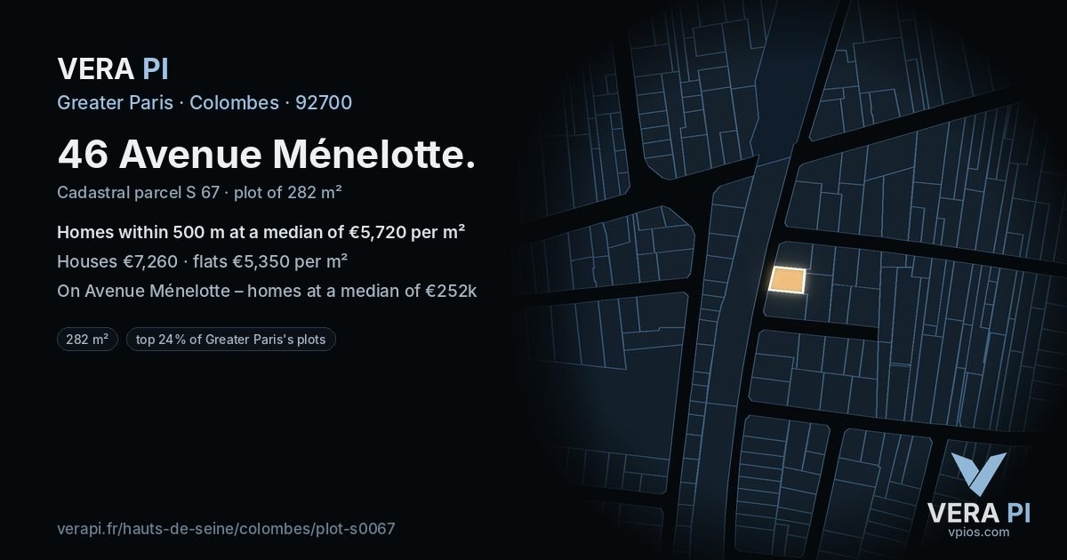 46 Avenue Ménelotte, Colombes at night – the plot lit, the parcels around coloured by the prices near them