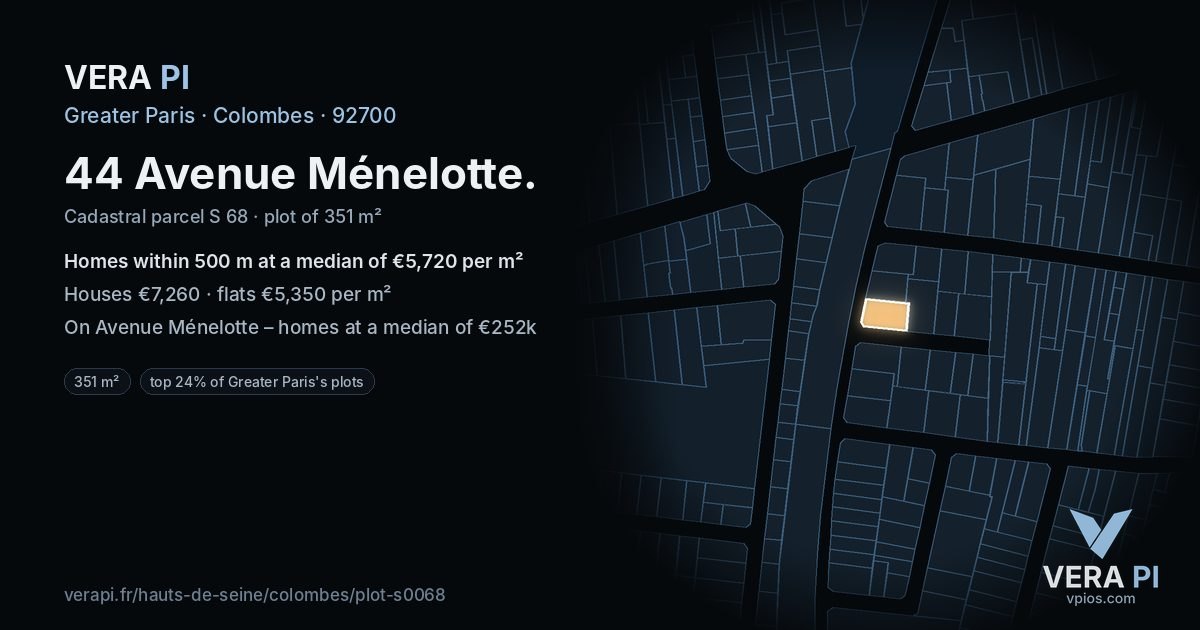 44 Avenue Ménelotte, Colombes at night – the plot lit, the parcels around coloured by the prices near them