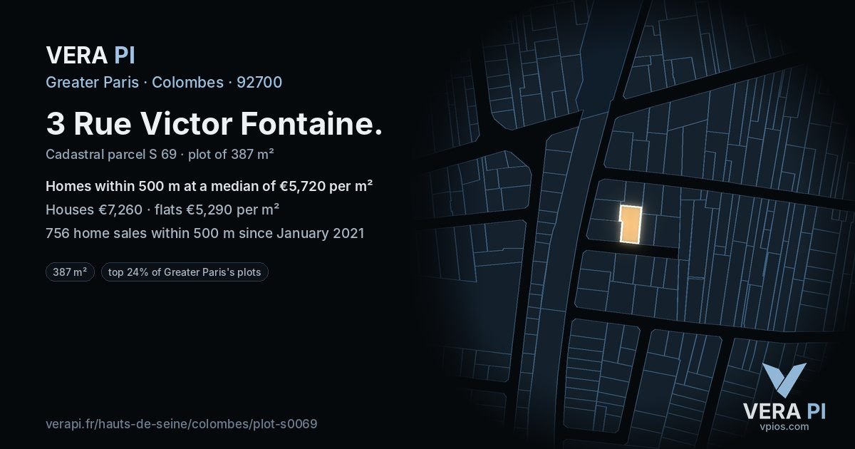 3 Rue Victor Fontaine, Colombes at night – the plot lit, the parcels around coloured by the prices near them