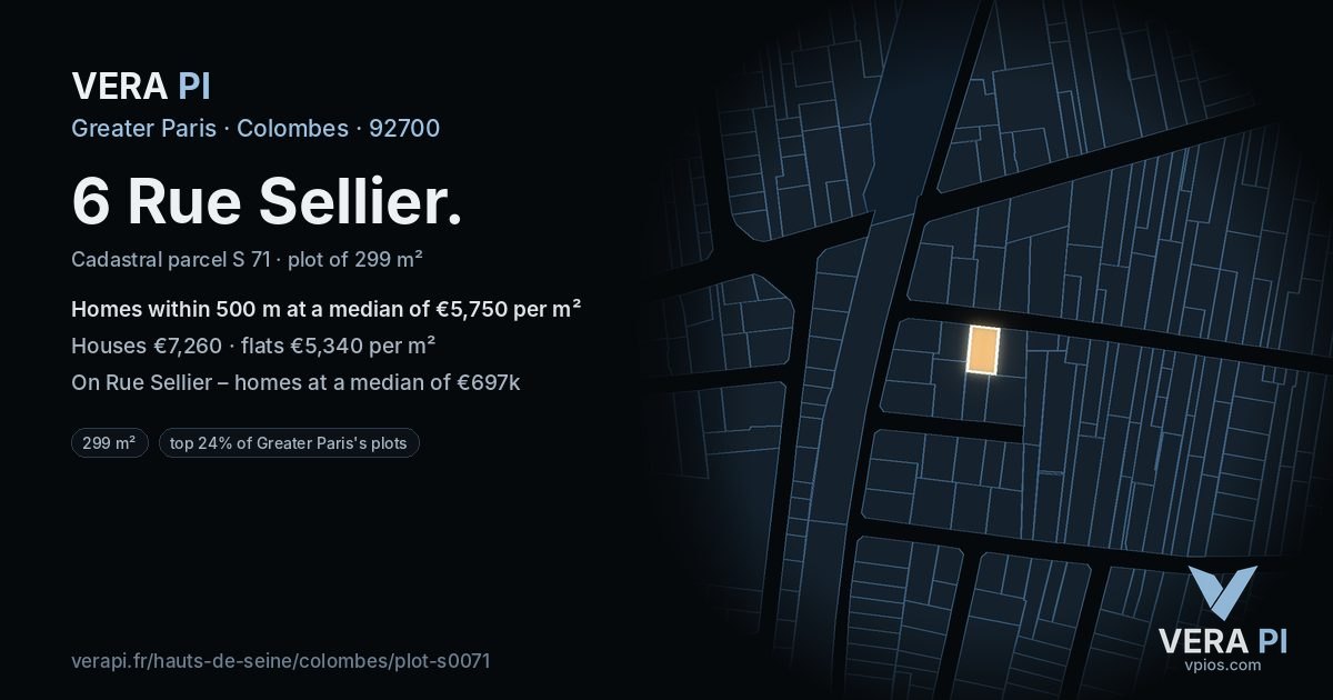 6 Rue Sellier, Colombes at night – the plot lit, the parcels around coloured by the prices near them