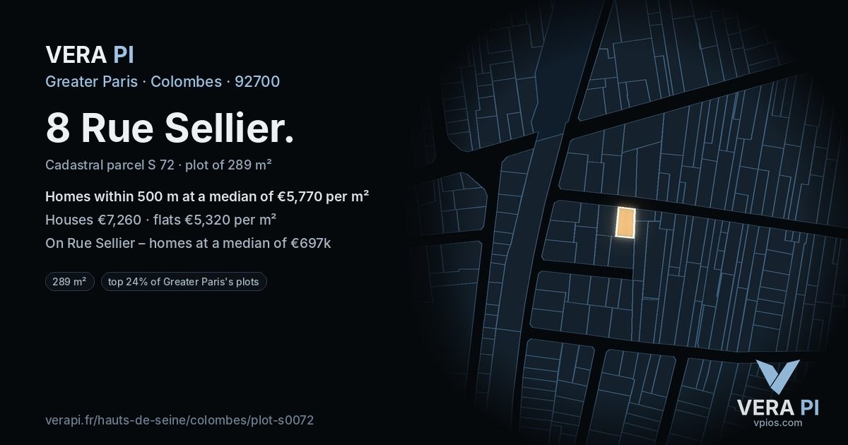 8 Rue Sellier, Colombes at night – the plot lit, the parcels around coloured by the prices near them