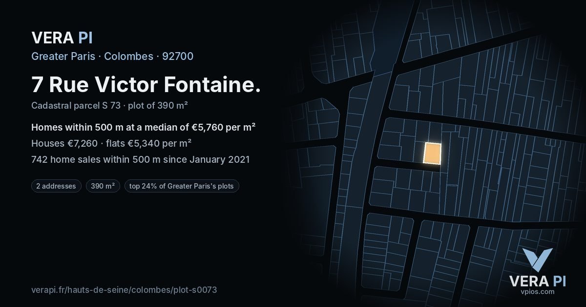 7 Rue Victor Fontaine, Colombes at night – the plot lit, the parcels around coloured by the prices near them